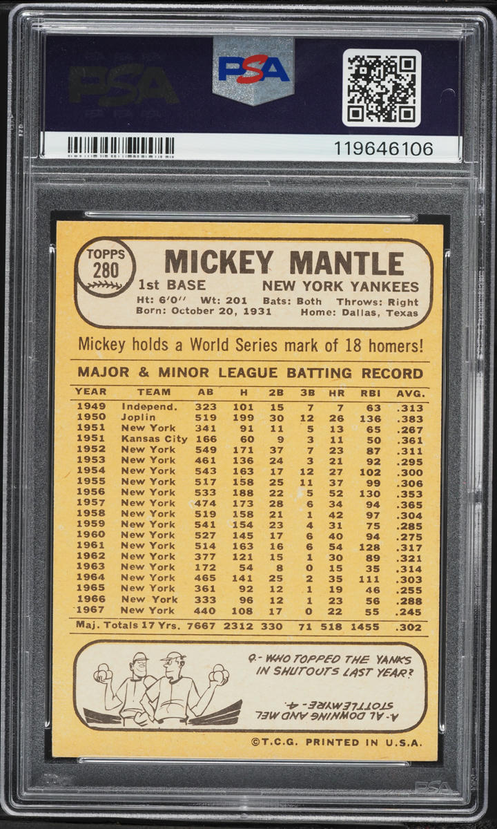 1968 Topps Mickey Mantle #280 PSA 6 EXMT