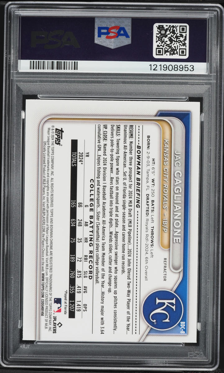 2024 Bowman Chrome Draft Refractor Jac Caglianone PROSPECT #BDC-8 PSA 9 MINT