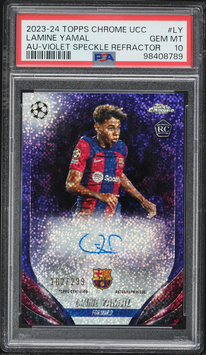 2023 Topps Chrome UEFA Violet Speckle Refractor Lamine Yamal ROOKIE AUTO /299 PSA 10 GEM MINT