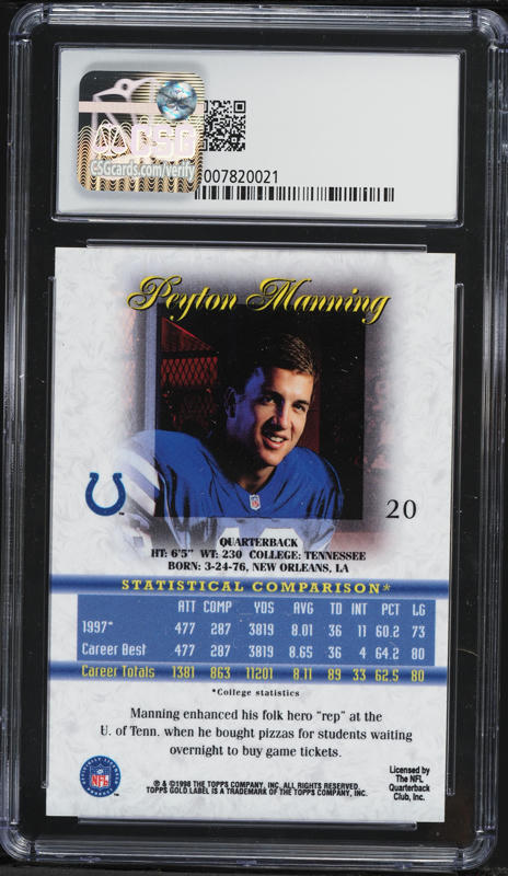 1998 Topps Gold Label Class 1 Peyton Manning ROOKIE #20 CSG 8.5 NM