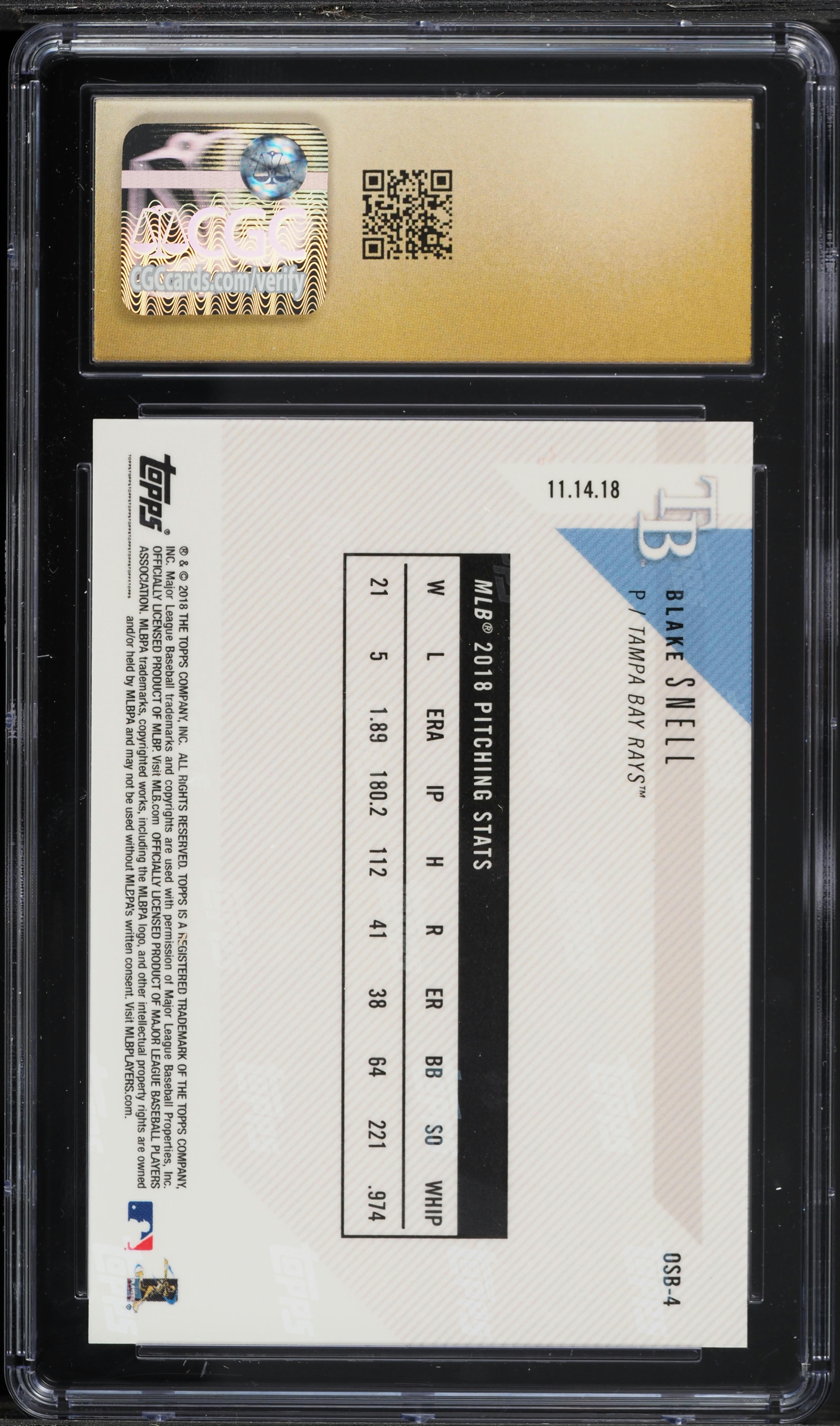 2018 Topps Now Off-Season Bonus Blake Snell #OSB-4 CGC 10 PRISTINE 