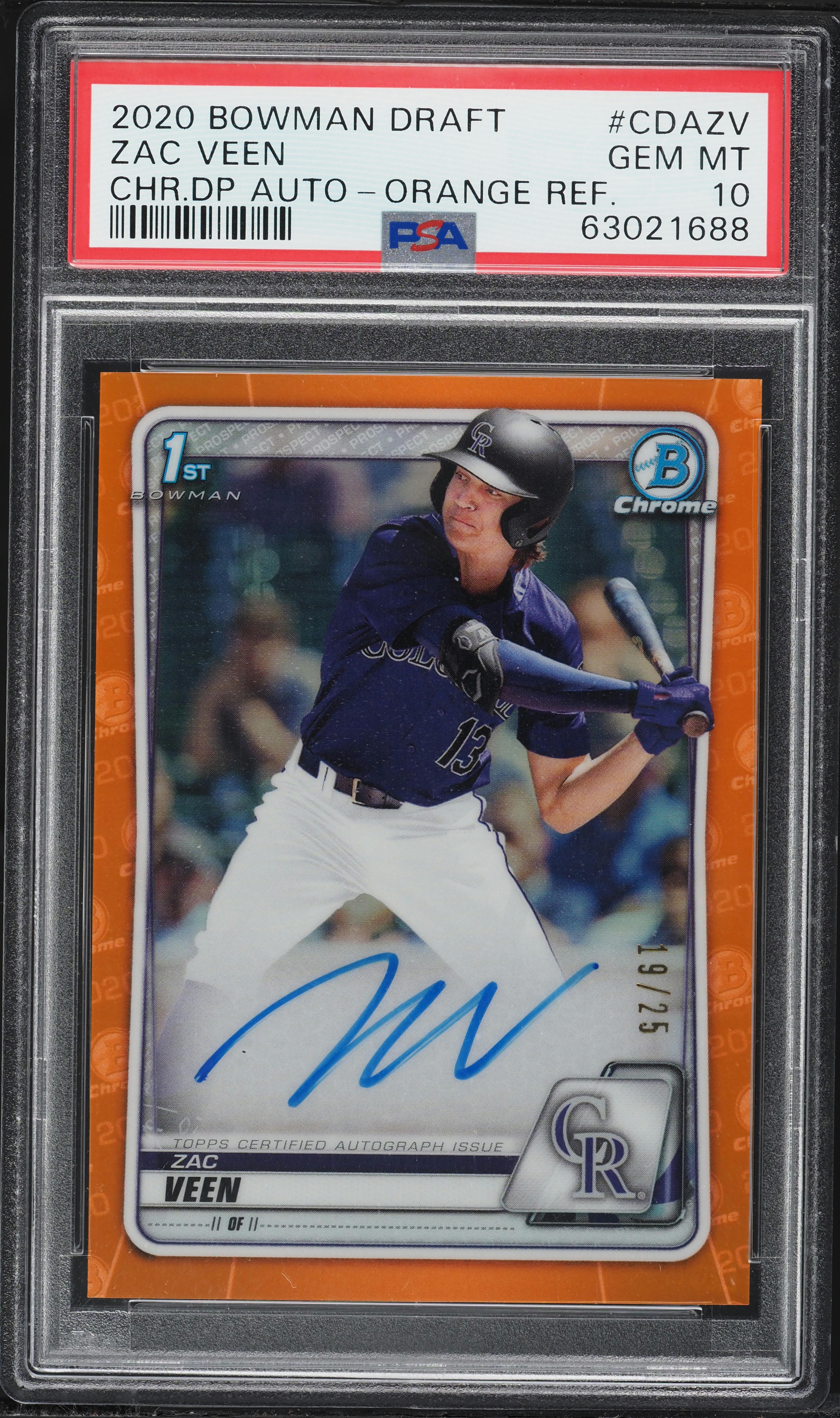 2020 Bowman Chrome Orange Refractor Zac Veen PROSPECT AUTO /25