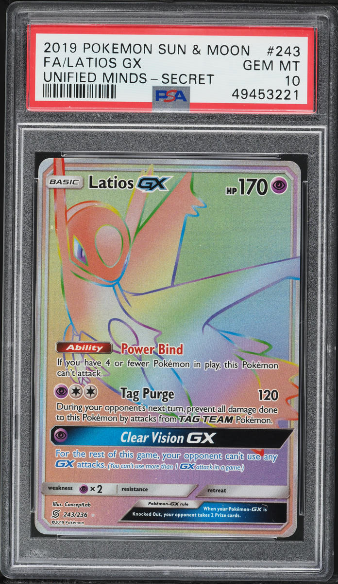 2019 Pokemon Sun & Moon Unified Minds Rainbow Rare Latios GX #243 PSA 10 GEM MINT