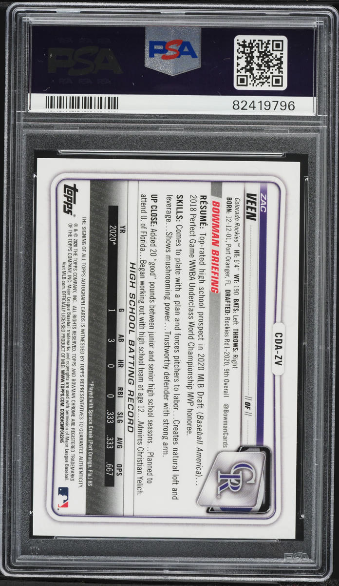 2020 Bowman Chrome Purple Refractor Zac Veen PROSPECT AUTO /250