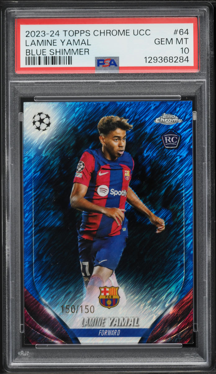 2023 Topps Chrome UEFA Club Competitions Blue Shimmer Lamine Yamal ROOKIE 150/150 #64 PSA 10