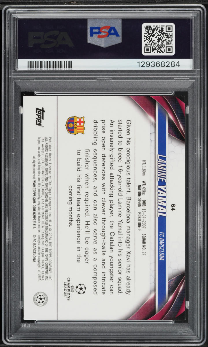 2023 Topps Chrome UEFA Club Competitions Blue Shimmer Lamine Yamal ROOKIE 150/150 #64 PSA 10