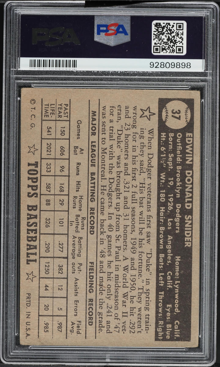 1952 Topps Duke Snider BLACK BACK #37 PSA 3 VG