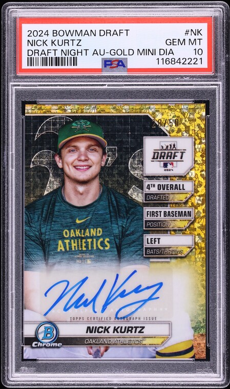 2024 Bowman Chrome Draft Night Gold Mini Diamond Nick Kurtz PROSPECT AUTO /50 #BDNA-NK PSA 10