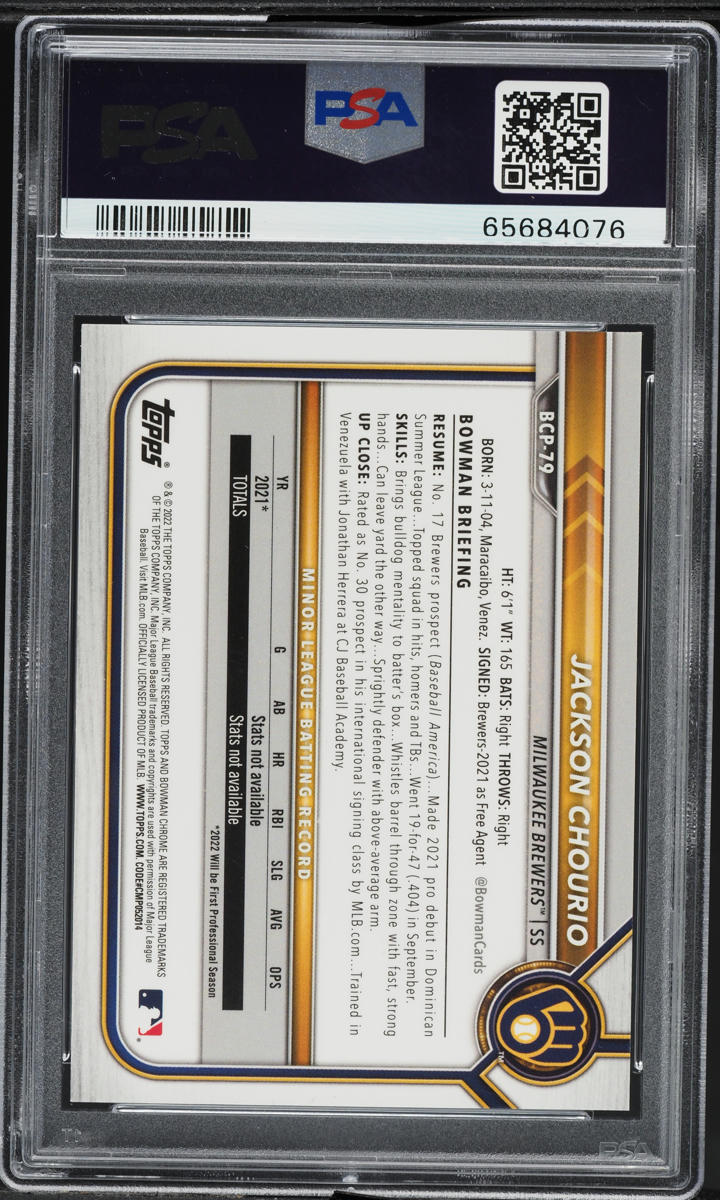 2022 Bowman Chrome Mega Box Purple Refractor Jackson Chourio PROSPECT /250 #79 PSA 10 GEM MINT