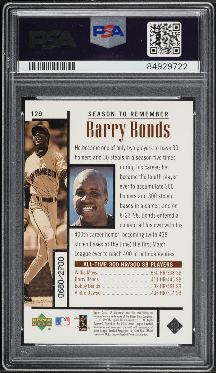 1999 SP Authentic Barry Bonds /2700 #129 PSA 9 MINT