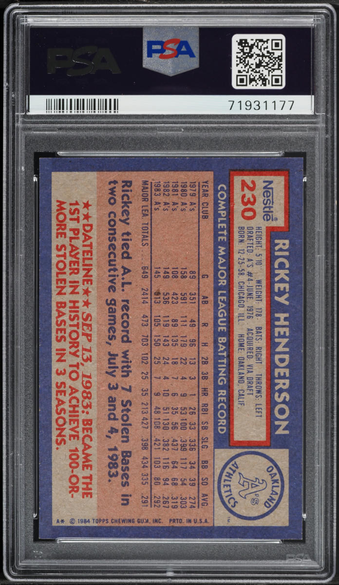 1984 Topps Nestle Rickey Henderson #230 PSA 8 NM-MT
