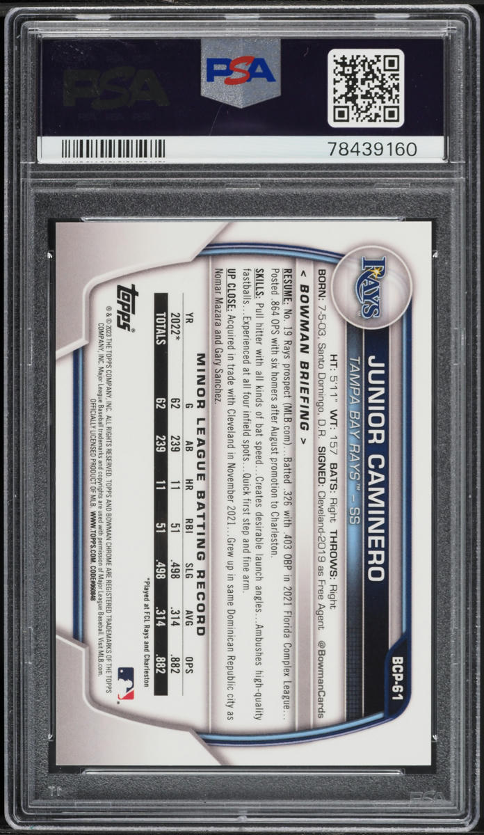 2023 Bowman Chrome Sapphire Green Junior Caminero PROSPECT /60 #BCP-61 PSA 10 GEM MINT