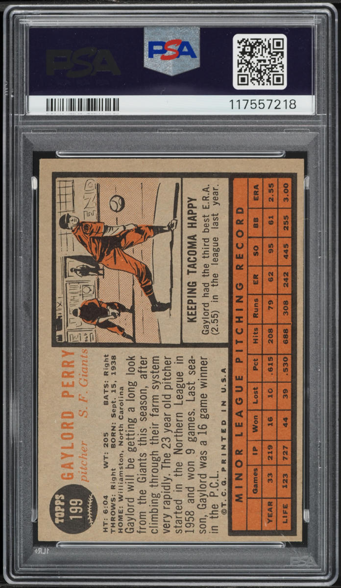 1962 Topps Star Gaylord Perry ROOKIE #199 PSA 5 EX