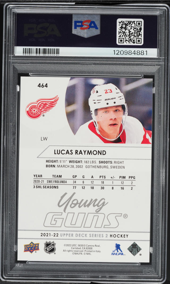 2021 Upper Deck Young Guns Lucas Raymond ROOKIE #464 PSA 10 GEM MINT