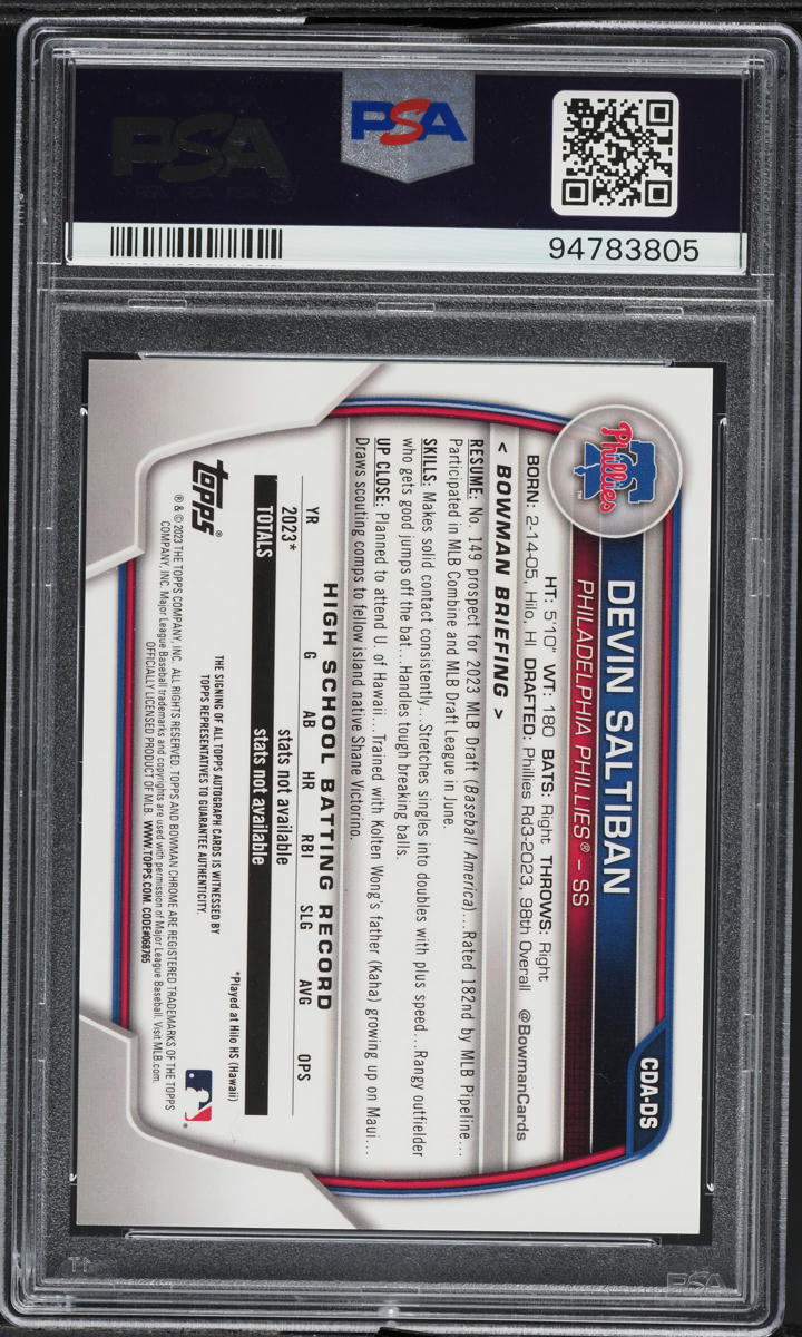 2023 Bowman Chrome Draft Devin Saltiban PROSPECT AUTO #CDA-DS PSA 10 GEM MINT