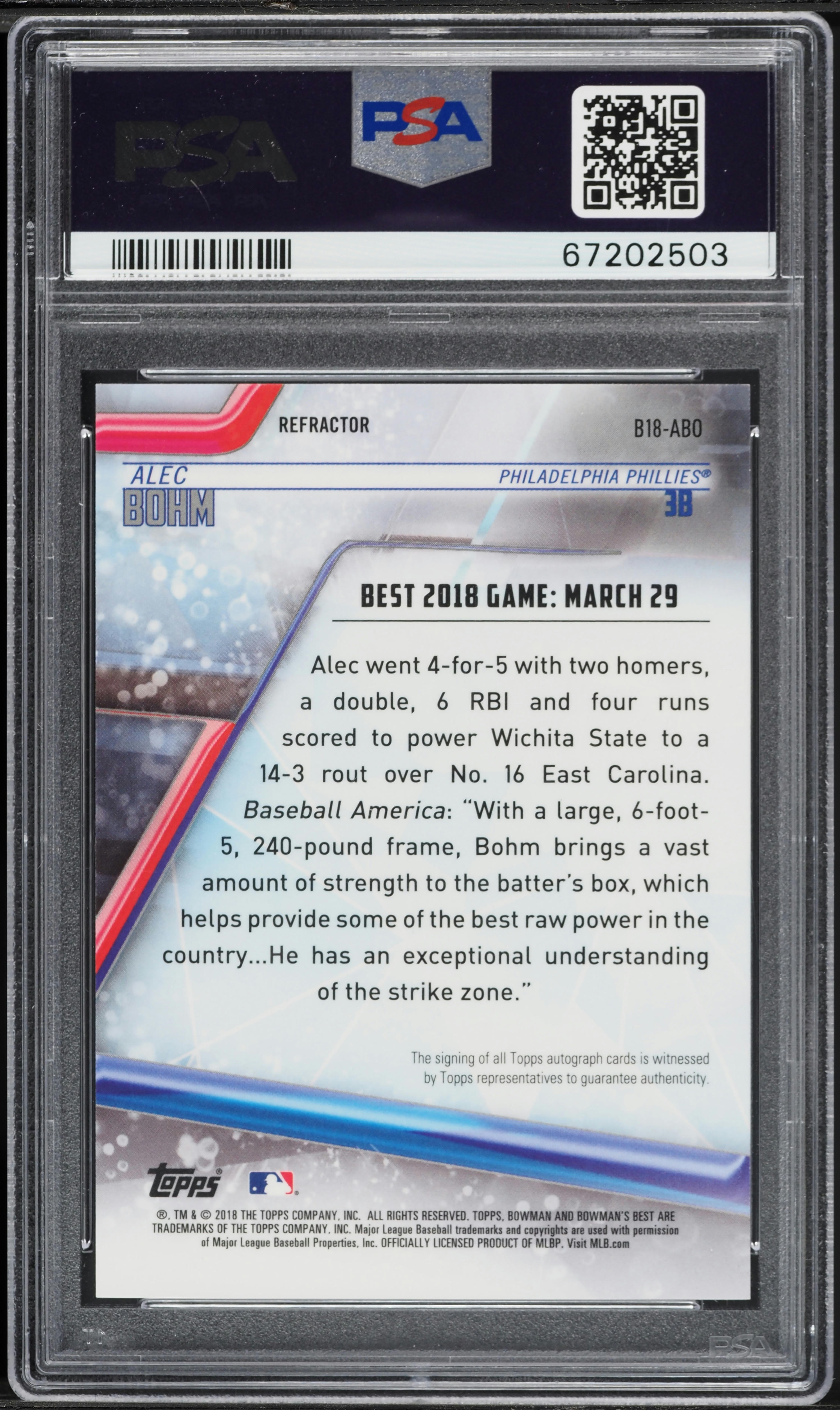 2018 Bowman's Best Of '18 Alec Bohm PROSPECT AUTO #B18-ABO PSA 10