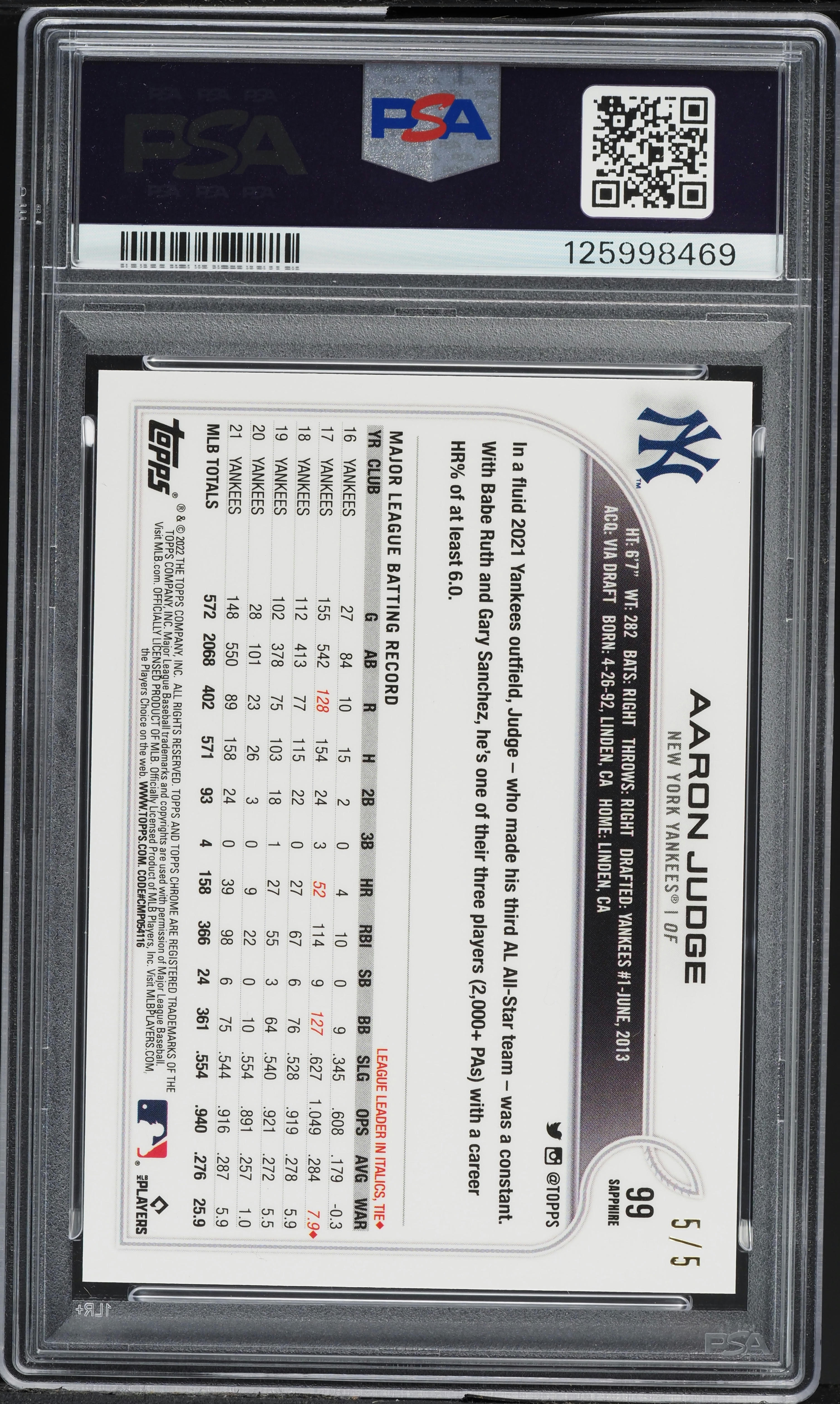 2022 Topps Chrome Sapphire Red Aaron Judge 5/5 #99 PSA 9 MINT on