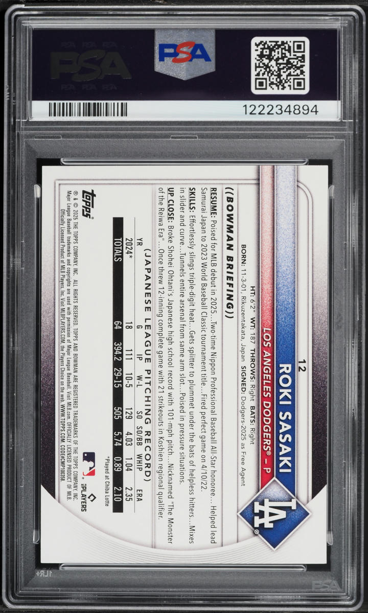 2025 Bowman Roki Sasaki ROOKIE #12 PSA 9 MINT