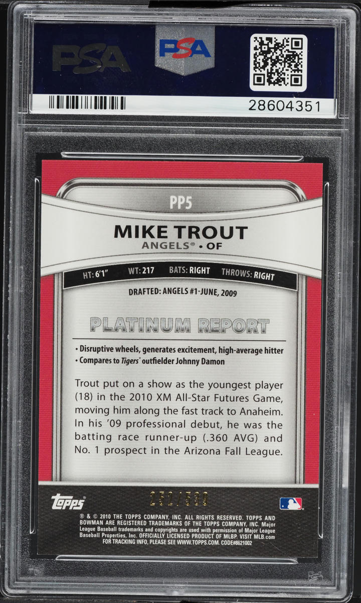 2010 Bowman Platinum Prospects Gold Refractor Thick Stock Mike Trout /599 PSA 10 GEM MINT
