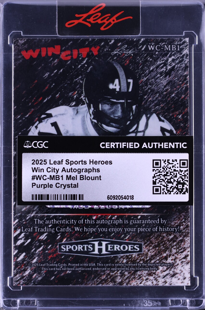 2025 Leaf Sports Heroes Win City Purple Crystal Mel Blount AUTO /10 #WC-MB1 CGC AUTH