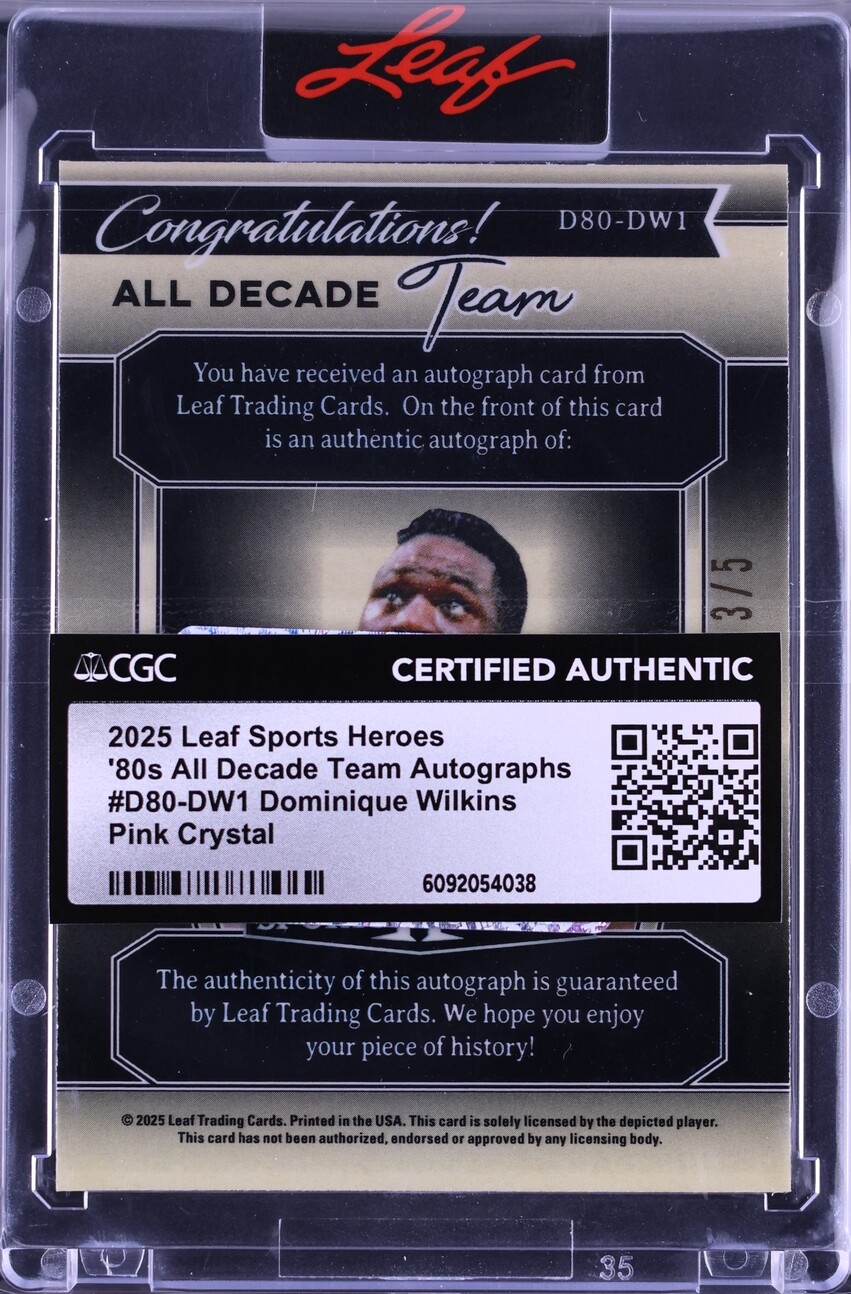 2025 Leaf Sports Heroes '80s All Decade Team Pink Crystal Dominique Wilkins AUTO /5 CGC AUTH