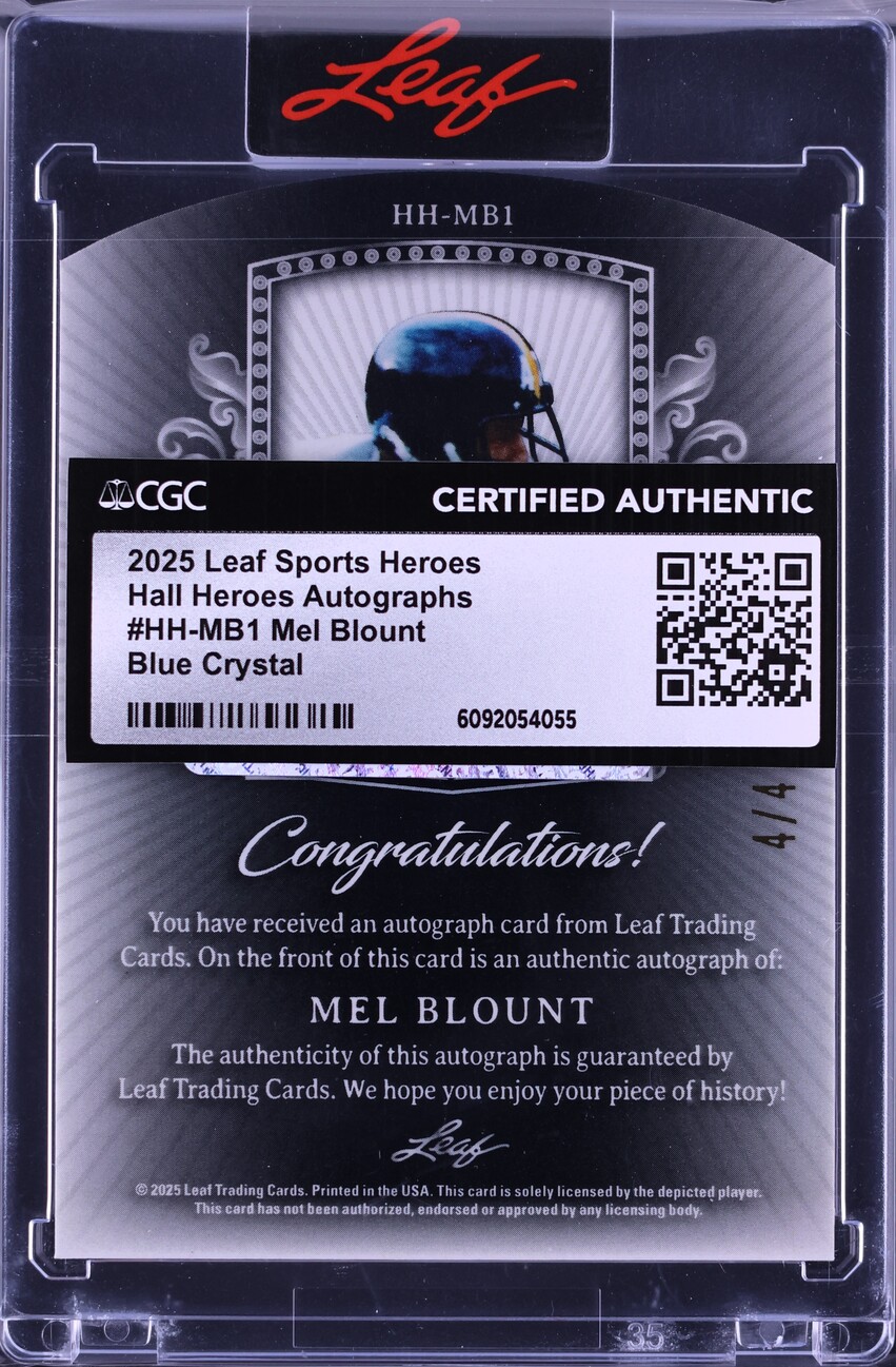 2025 Leaf Sports Heroes Hall Heroes Blue Crystal Mel Blount AUTO 4/4 #HH-MB1 CGC AUTH