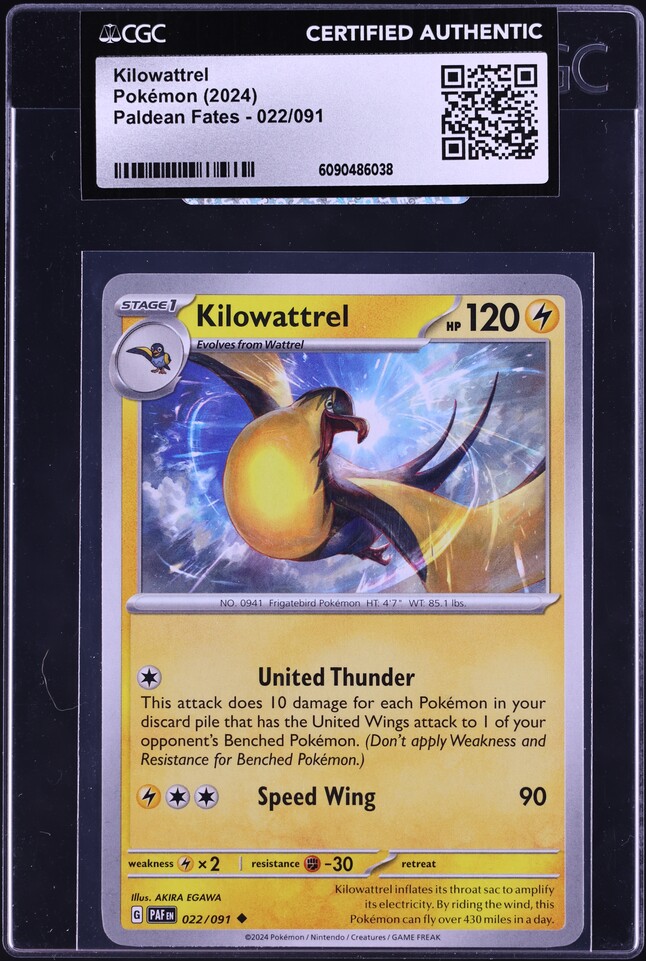 2024 Pokemon Scarlet & Violet Paldean Fates Kilowattrel #022 CGC AUTH