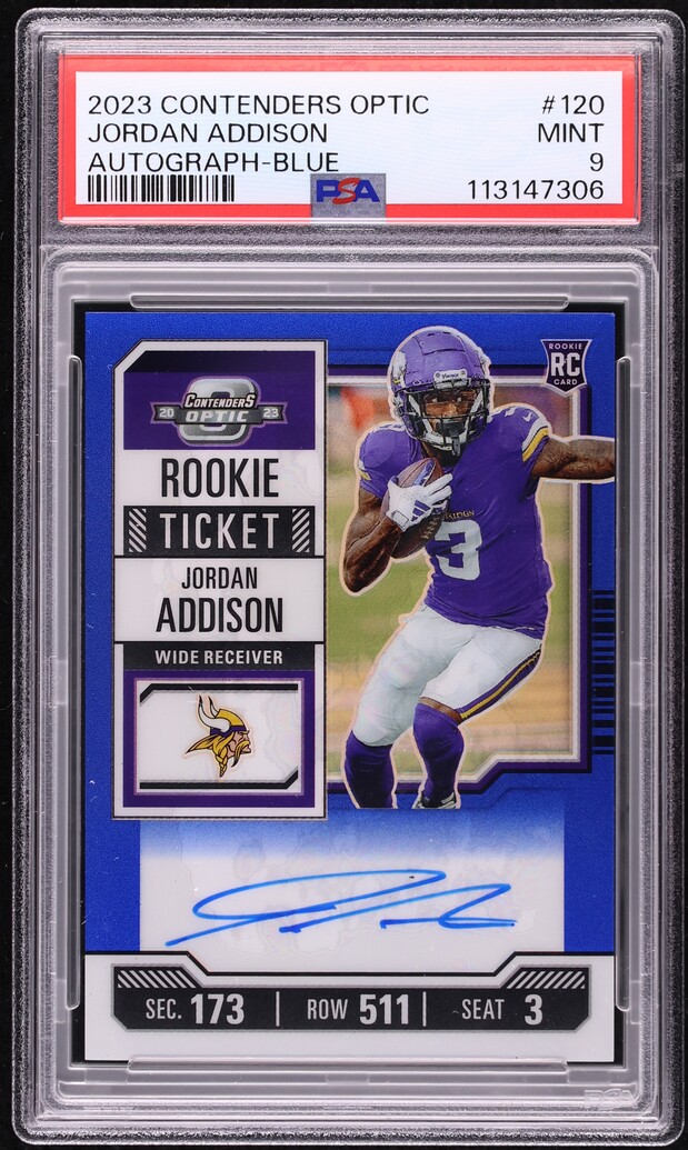 2023 Panini Contenders Optic Blue Jordan Addison ROOKIE AUTO /75 #120 PSA 9 MINT