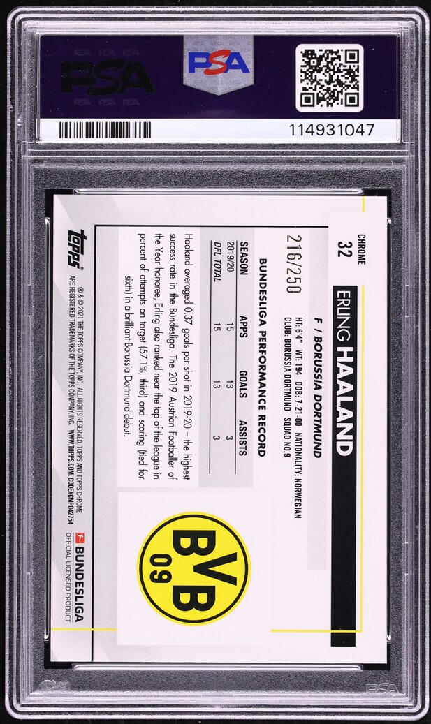 2020 Topps Chrome Bundesliga Xfractor Erling Haaland /250 #32 PSA 10 GEM MINT
