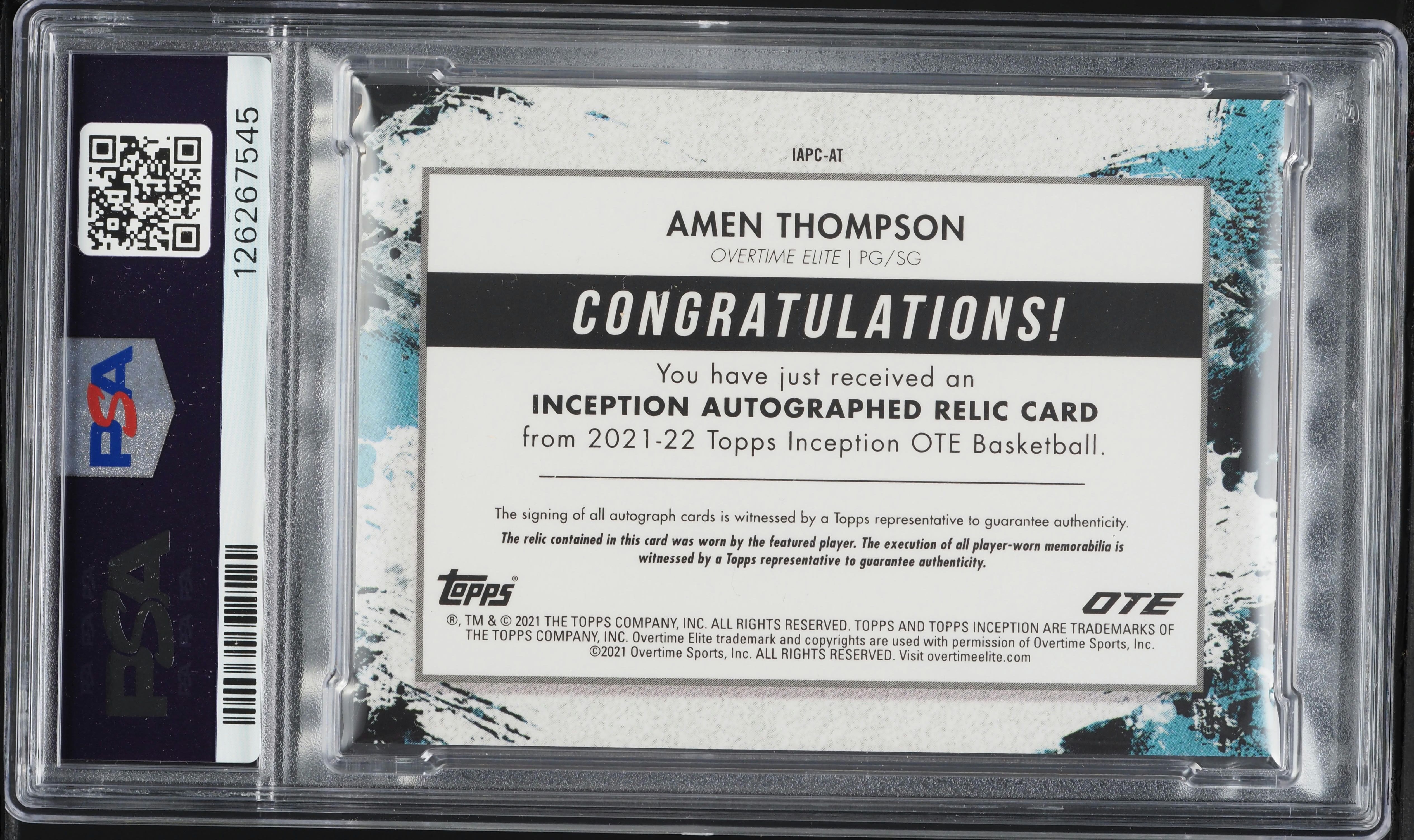 2021 Topps Inception OTE Overtime Elite Amen Thompson PATCH AUTO 