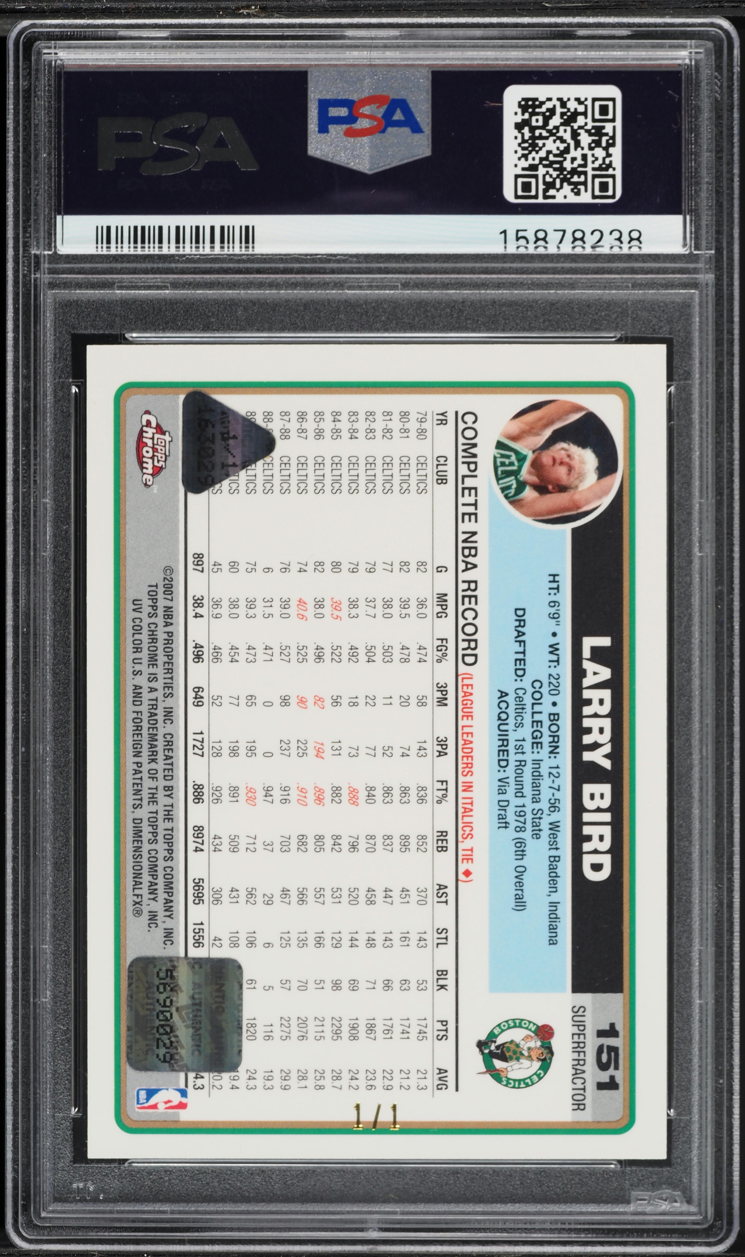 2006 Topps Chrome Superfractor Larry Bird AUTO 1/1 #151 PSA 10 GEM