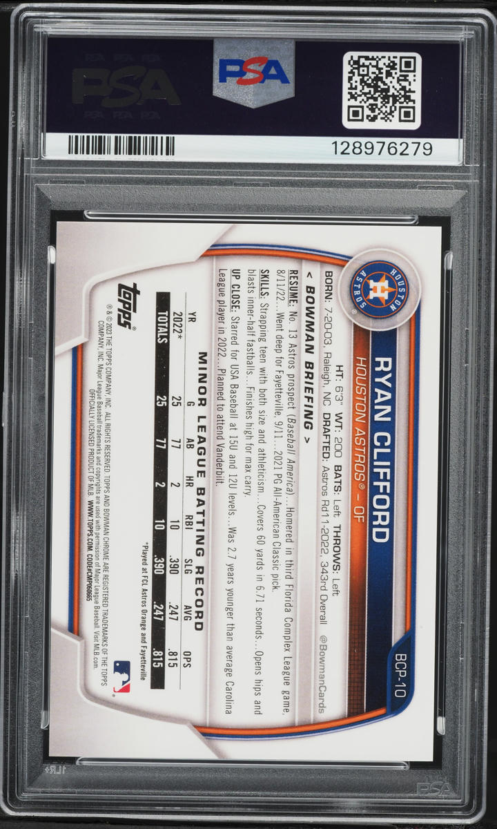 2023 Bowman Chrome Prospects Purple Raywave Ryan Clifford /250 #BCP10 PSA 10 GEM MINT