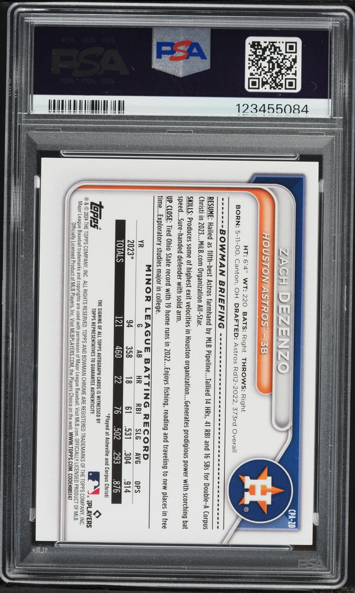 2024 Bowman Chrome Black Refractor Zach Dezenzo PROSPECT AUTO /10 #CPAZD PSA 10 GEM MINT
