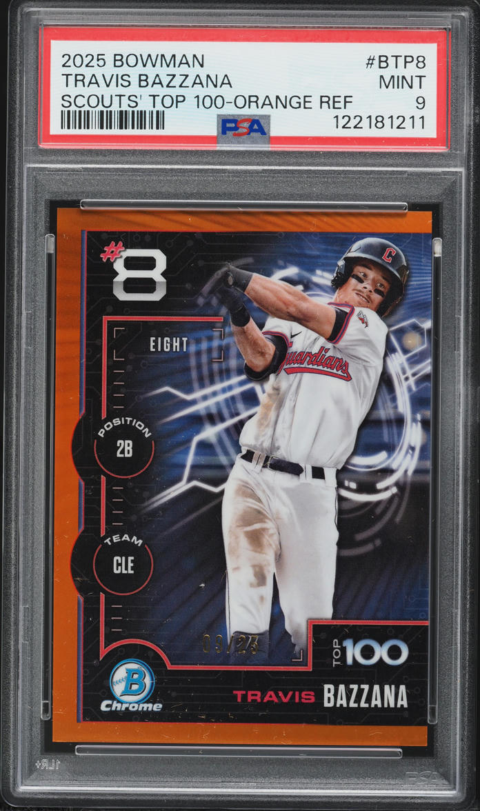 2025 Bowman Scouts' Top 100 Orange Refractor Travis Bazzana PROSPECT /25 #BTP8 PSA 9 MINT