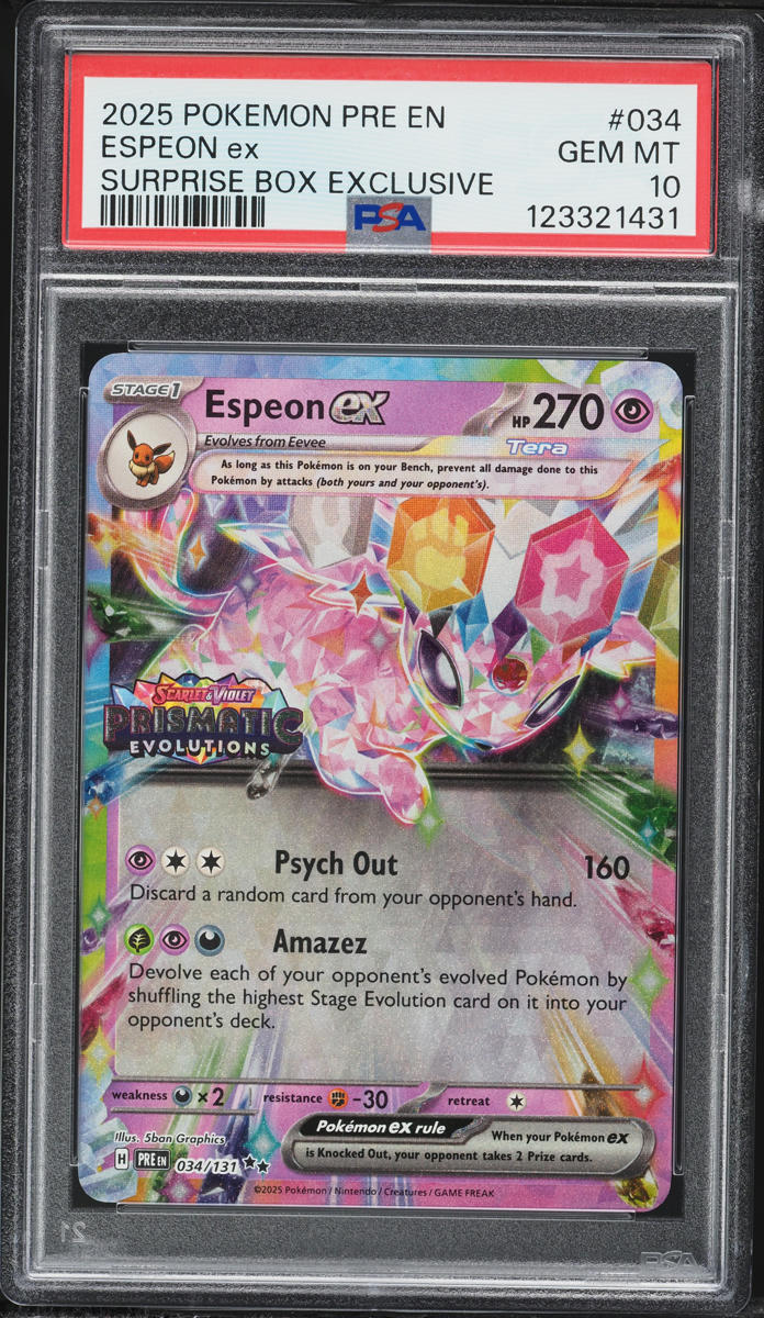 2025 Pokemon SV Prismatic Evolutions Surprise Box Holo Espeon ex #34 PSA 10 GEM MINT