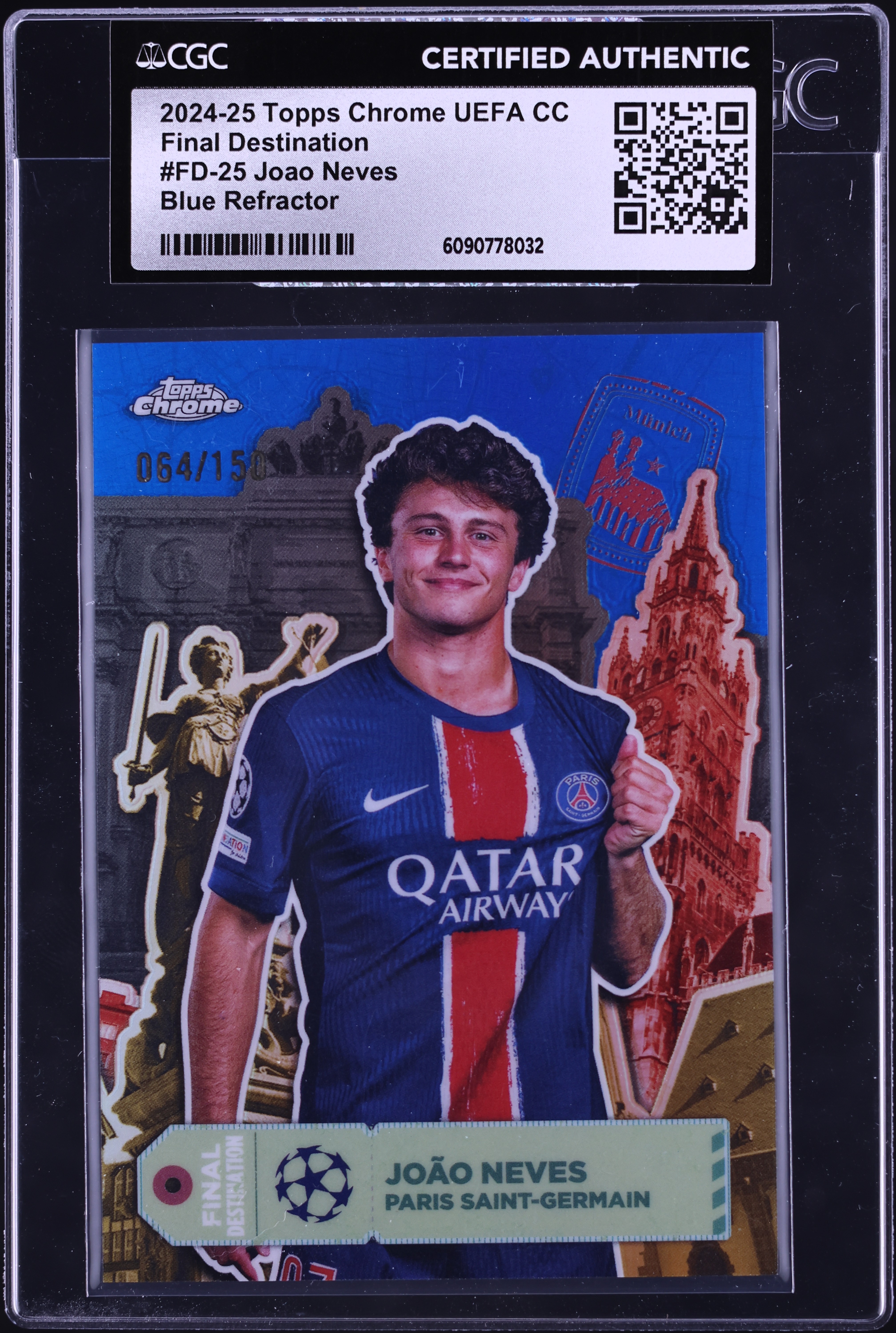 2024 Topps Chrome UEFA Final Destination Blue Refractor Joao Neves