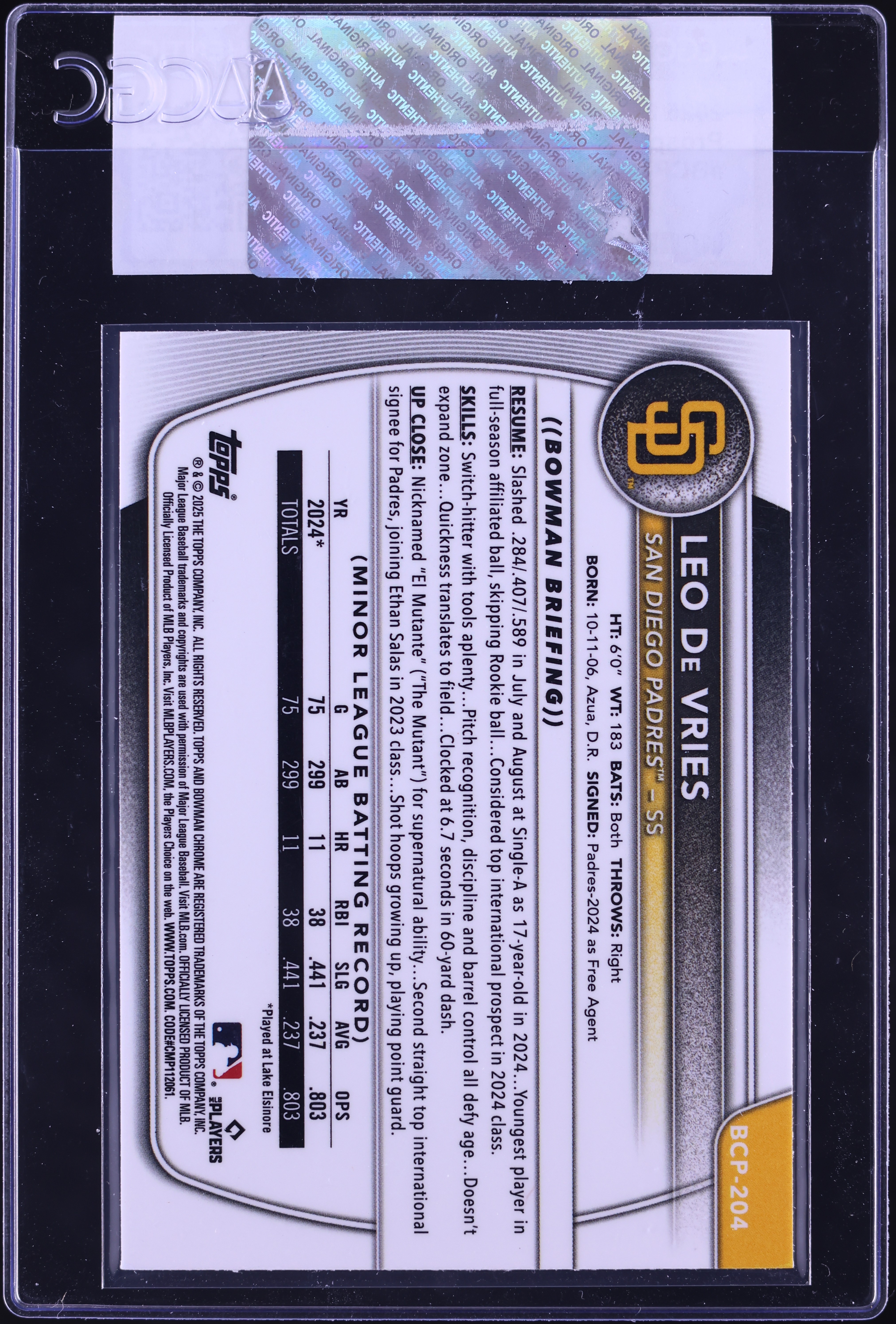 2025 Bowman Chrome Leo De Vries PROSPECT #BCP-204 CGC AUTH on