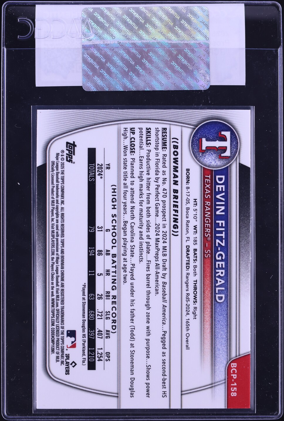 2025 Bowman Chrome Devin Fitz-Gerald PROSPECT #BCP-158 CGC AUTH