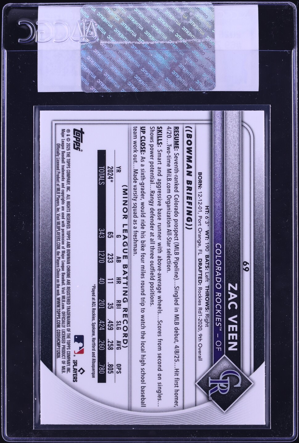 2025 Bowman Chrome Zac Veen ROOKIE #69 CGC AUTH
