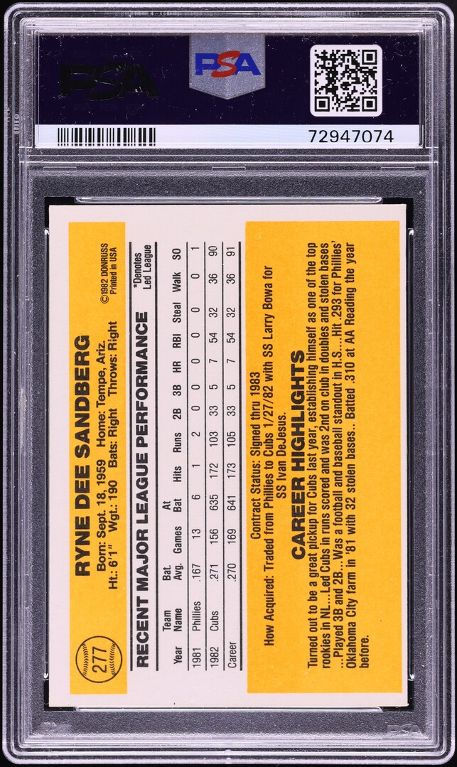 1983 Donruss Ryne Sandberg ROOKIE #277 PSA 9 MINT