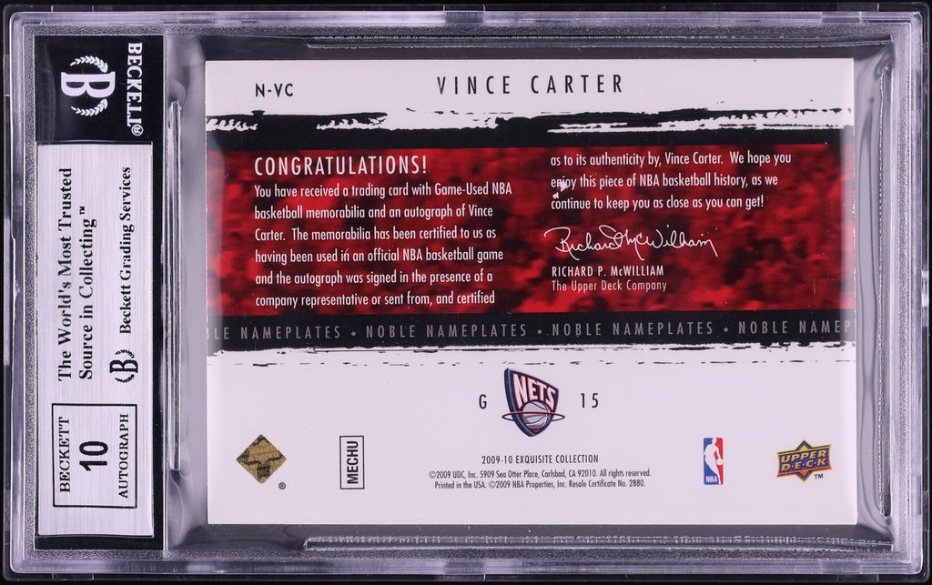 2009 Exquisite Collection Noble Nameplates Vince Carter PATCH AUTO /19 #N-VC BGS 9 MINT