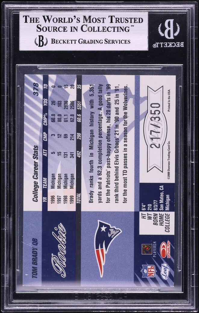 2000 Leaf Limited Tom Brady ROOKIE /350 #378 BGS 8.5 NM-MT+
