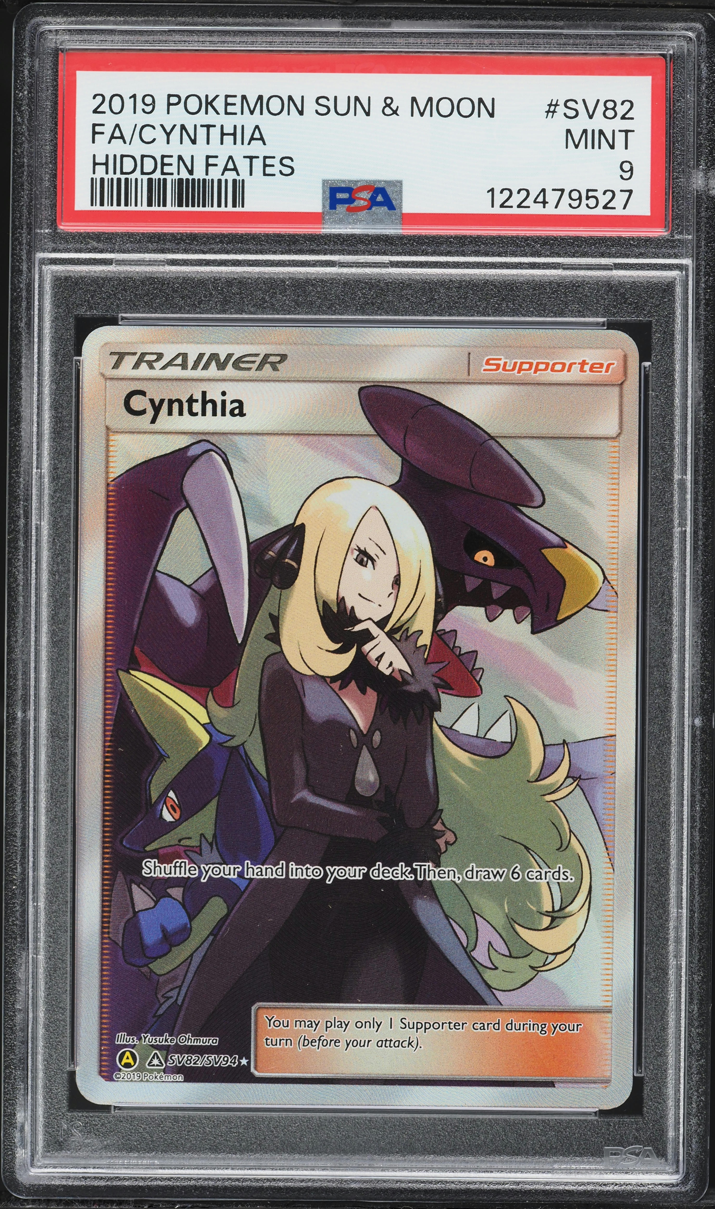 2019 Pokemon Sun & Moon Hidden Fates Full Art Cynthia #SV82 PSA 9