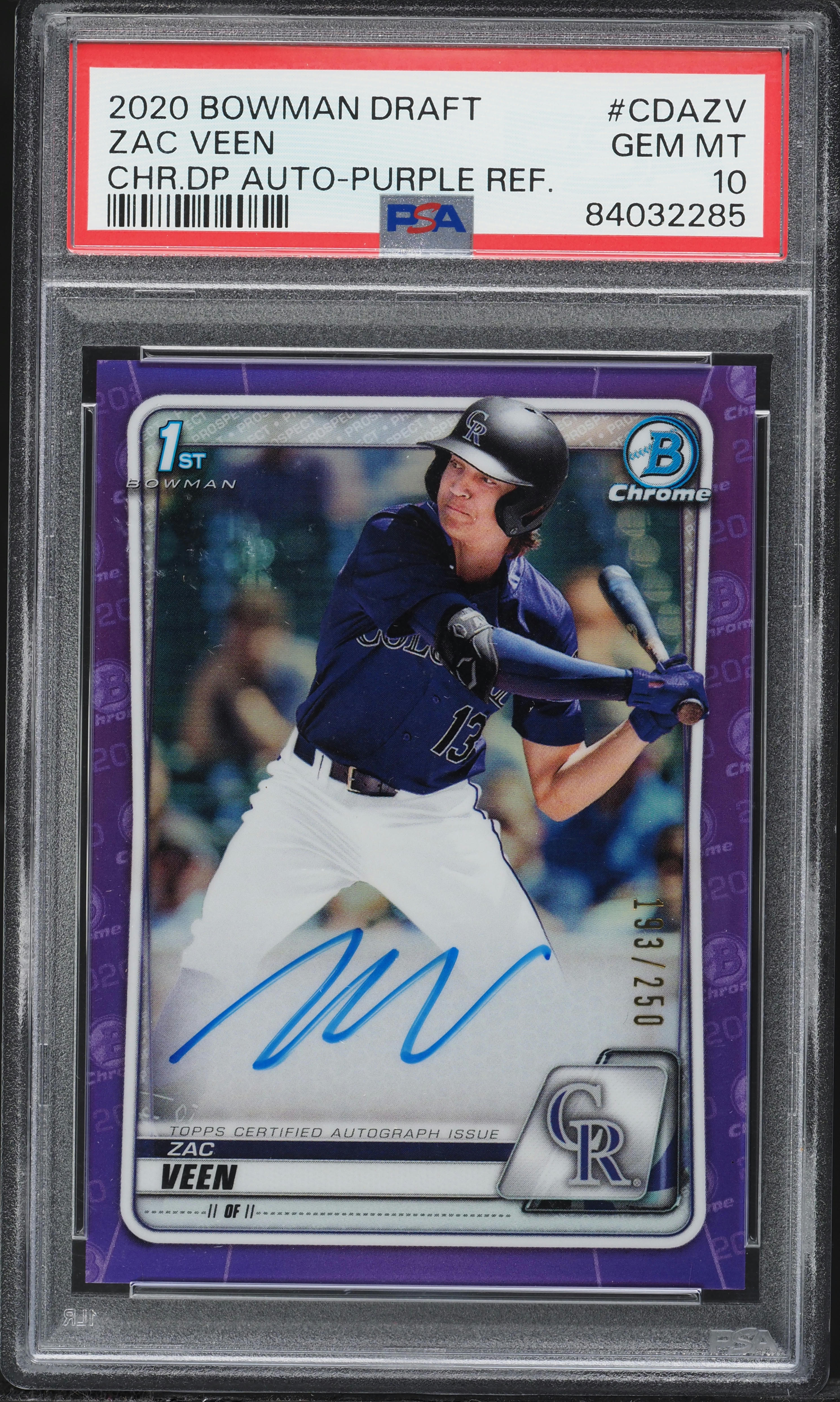 2020 Bowman Chrome Purple Refractor Zac Veen PROSPECT AUTO /250