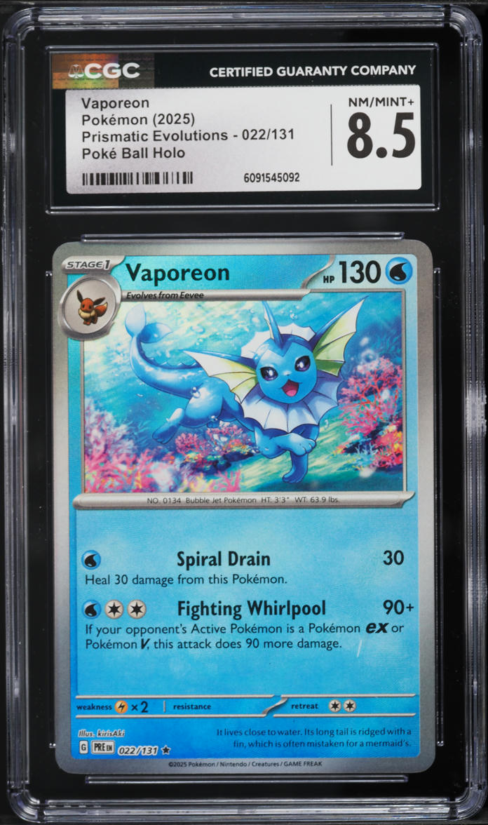2025 Pokemon Scarlet & Violet Prismatic Evolutions Poke Ball Holo Vaporeon #22 CGC 8.5 NM-MT+