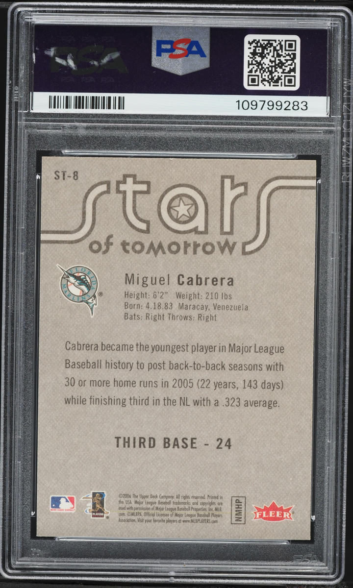 2006 Fleer Stars Of Tomorrow Miguel Cabrera #ST-8 PSA 8 NM-MT on