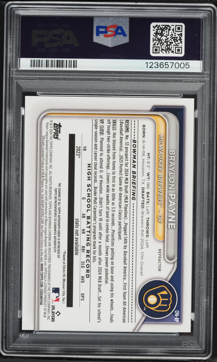 2024 Bowman Chrome Draft Refractor Braylon Payne PROSPECT AUTO /499 #CPA-BP PSA 9 MINT