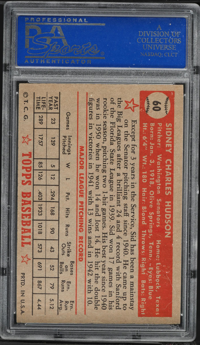 1952 Topps Sid Hudson #60 PSA 6 EXMT