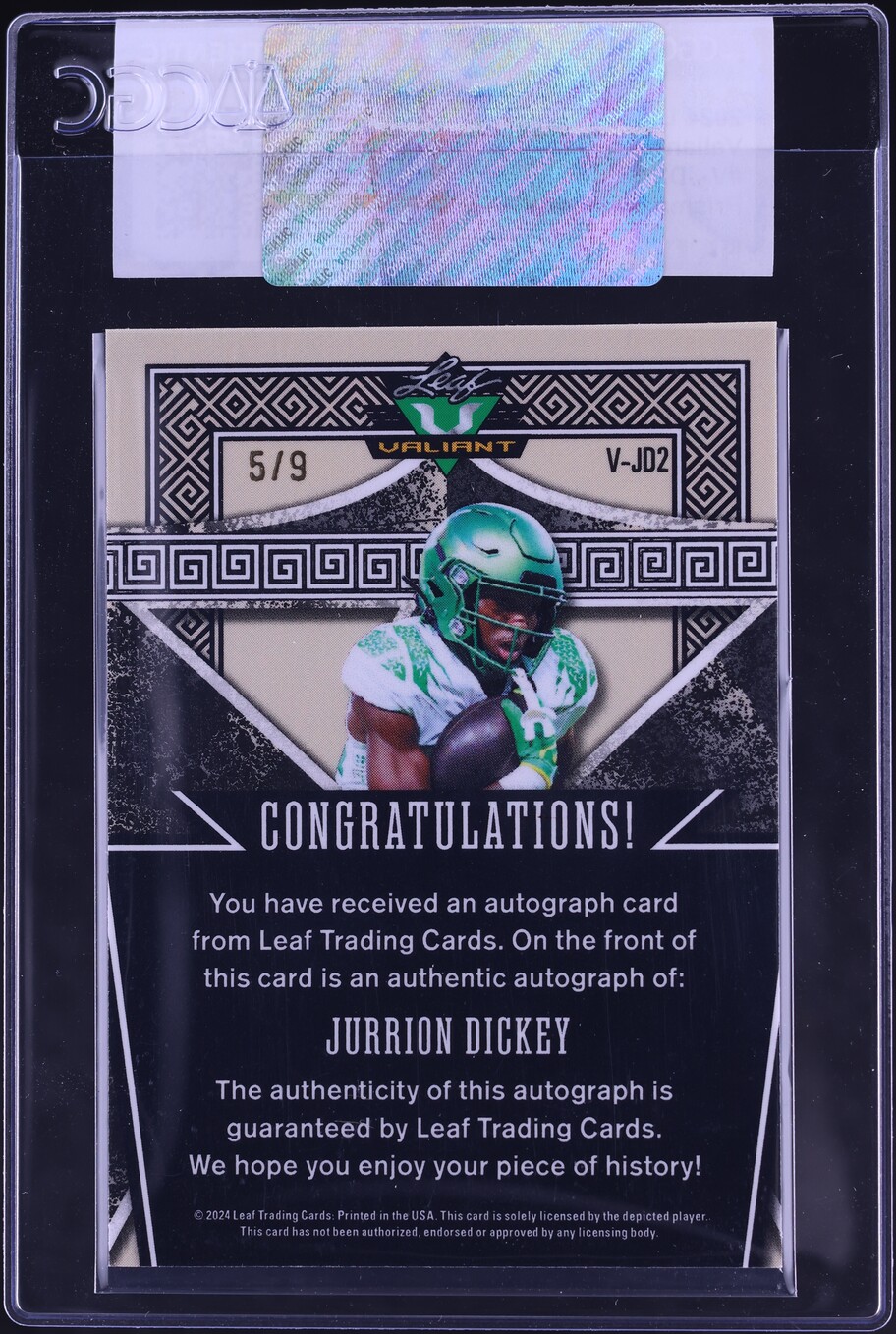 2024 Leaf Eclectic Valiant Prismatic Red Jurrion Dickey ROOKIE AUTO /9 #V-JD2 CGC AUTH