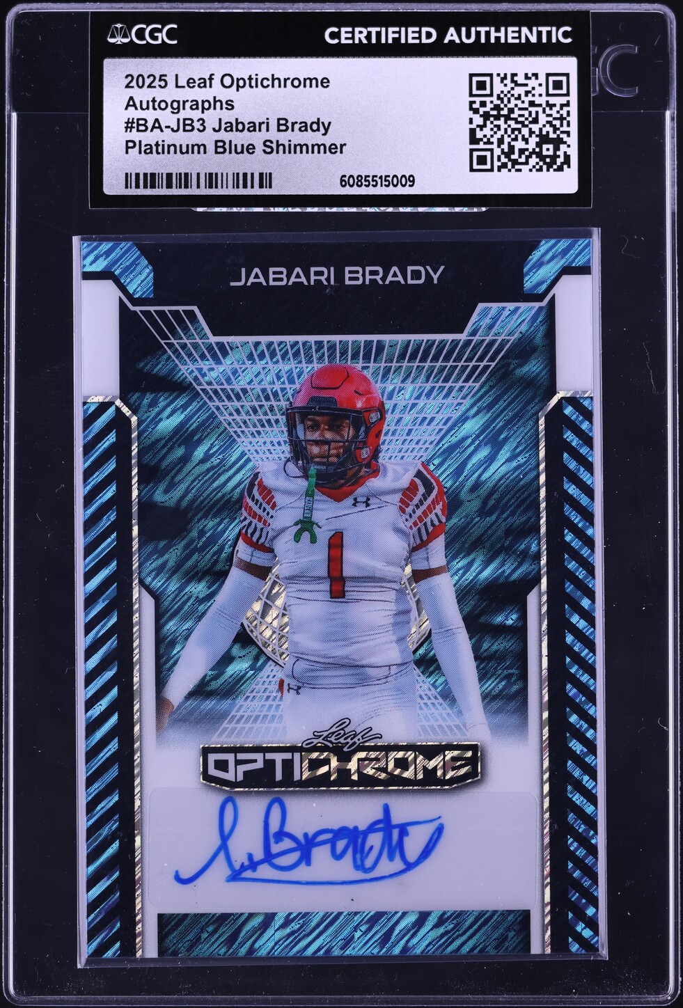 2025 Leaf Optichrome Platinum Blue Shimmer Jabari Brady ROOKIE AUTO 1/7 #BA-JB3 CGC AUTH